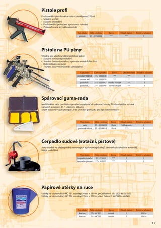33
Pistole proﬁ
Profesionální pistole na kartuše až do objemu 320 ml.
• Snadno se čistí
• Stabilní provedení
• Profesionální provedení s plastovou rukojetí
• Zpřevodovaná a vyvážená pistole
Typ obalu Číslo výrobku Barva Obsah balení Počet ks v balení
pistole 27 – 5550004 *** *** 1
Pistole na PU pěny
Vhodná pro všechny běžné pistolové pěny.
• Stabilní řemeslné provedení
• Snadno demontovatelná, a proto se velmi dobře čistí
• Dobrá dávkovatelnost
• Těsnění jsou vyměnitelná i samostatně
Typ obalu Číslo výrobku Barva Obsah balení Počet ks v balení
pistole P99 Proﬁ 27 – 5550028 *** *** 1
pistole MG 27 – 5550010 *** *** 1
pistole R1 27 – 5550047 modrá rukojeť *** 1
pistole R2 27 – 5550048 černá rukojeť *** 1
Spárovací guma-sada
Multifunkční sada použitelná pro všechny elastické spárovací hmoty. Tři různé úhly v mnoha
variacích s úkosem 45 °, s různými šířkami.
Sedm tlouštěk vypuklých spár. Je to unikátní pomůcka pro opravdové mistry.
Typ obalu Číslo výrobku Barva Obsah balení Počet ks v balení
sada 27 – 9990022 žlutá 3dílná sada 1
gumová stěrka 27 – 9990013 žlutá *** 1
Čerpadlo sudové (rotační, pístové)
Jsou vhodná na přečerpávání motorových a převodových olejů. Jednoduchá obsluha a montáž.
Velmi spolehlivé.
Typ obalu Číslo výrobku Barva Obsah balení Počet ks v balení
čerpadlo rotační 27 – 13055 *** 1 1
čerpadlo pístové 27 – S10355 *** 1 1
Papírové utěrky na ruce
Utěrky na bázi celulózy HC 231 rozměry 36 cm × 180 m, počet balení: 1 ks (500 ks útržků)
Utěrky na bázi celulózy HC 232 rozměry 22 cm × 190 m počet balení: 1 ks (500 ks útržků)
Typ obalu Číslo výrobku Barva Obsah balení Počet ks v balení
karton 27 – HC 231 modrá 1 500 ks
karton 27 – HC232 modrá 1 500 ks
 