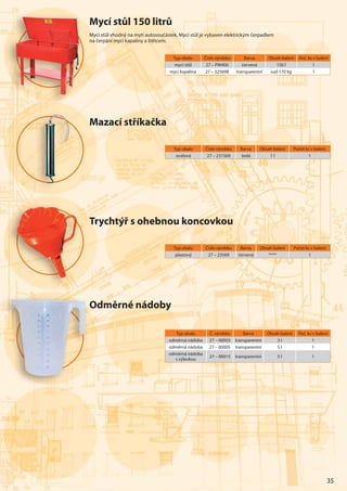 35
Mycí stůl 150 litrů
Mycí stůl vhodný na mytí autosoučástek. Mycí stůl je vybaven elektrickým čerpadlem
na čerpání mycí kapaliny a štětcem.
Mazací stříkačka
Odměrné nádoby
Typ obalu Č. výrobku Barva Obsah balení Poč. ks v balení
odměrná nádoba 27 – 00003 transparentní 3 l 1
odměrná nádoba 27 – 00005 transparentní 5 l 1
odměrná nádoba
s výlevkou
27 – 00015 transparentní 5 l 1
Typ obalu Číslo výrobku Barva Obsah balení Poč. ks v balení
mycí stůl 27 – PW400 červená 150 l 1
mycí kapalina 27 – 325698 transparentní sud 170 kg 1
Typ obalu Číslo výrobku Barva Obsah balení Počet ks v balení
ocelová 27 – 231569 šedá 1 l 1
Trychtýř s ohebnou koncovkou
Typ obalu Číslo výrobku Barva Obsah balení Počet ks v balení
plastový 27 – 23569 červená **** 1
OOO
TTTTTTTTTTT
 