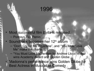 1996


• Most successful film Evita is released.
  – Portrays Eva Peron
• Soundtrack becomes her 12th album
  – “Don’t Cry for Me Argentine”, and “You Must Love
    Me” make the charts
  – “You Must Love Me” written by Andrew Lloyd Weber
    wins Academy Award and Golden Globe
• Madonna’s performance wins Golden Globe for
  Best Actress in Musical or Comedy
 