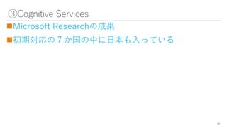 ③Cognitive Services
Microsoft Researchの成果
初期対応の７か国の中に日本も入っている
20
 
