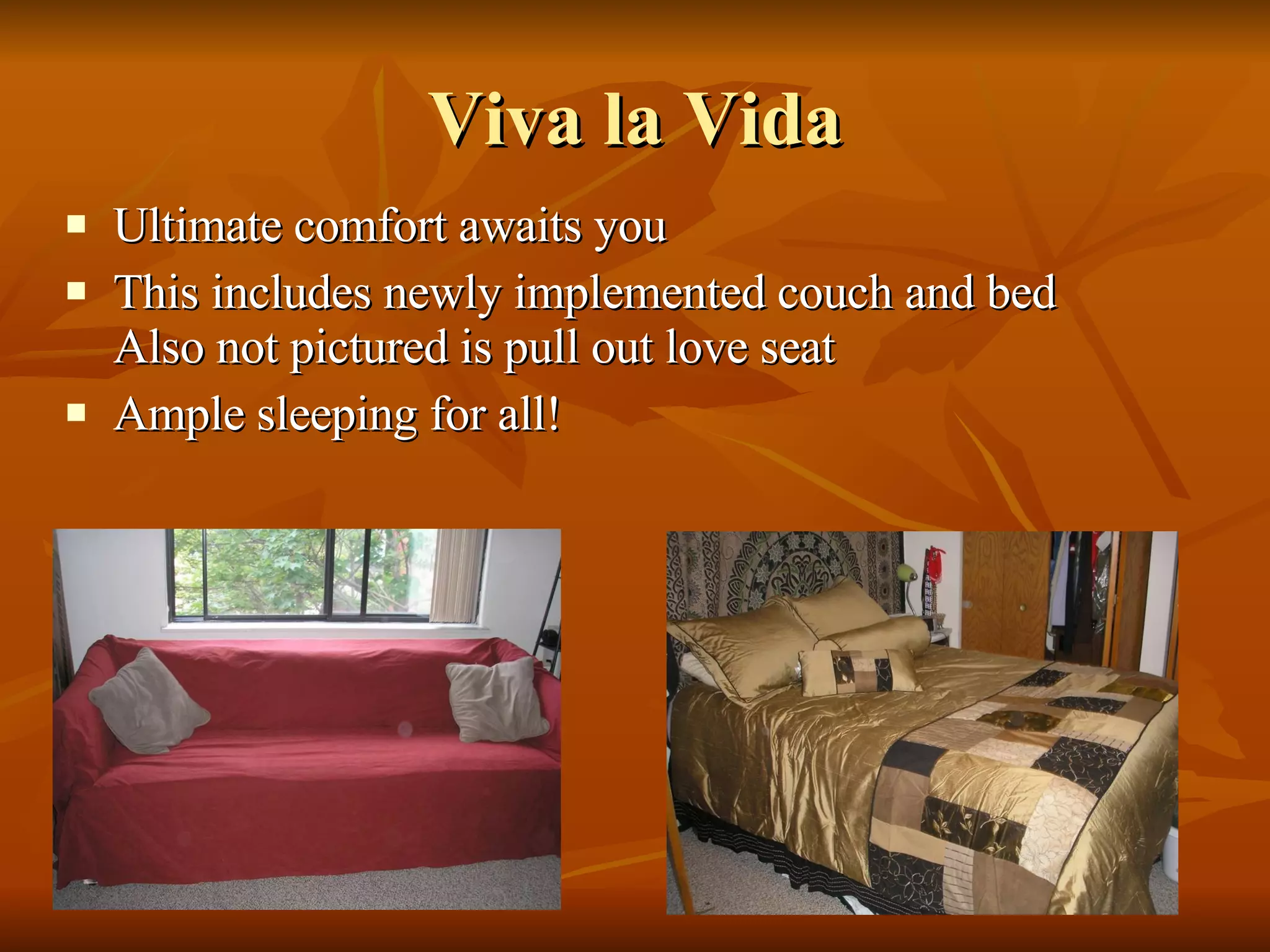 Viva la Vida Ultimate comfort awaits you This includes newly implemented couch and bed  Also not pictured is pull out love seat Ample sleeping for all!  