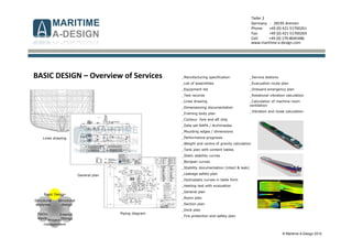 © Maritime A-Design 2012
Tiefer 2
Germany - 28195 Bremen
Phone: +49 (0) 421-51700261
Fax: +49 (0) 421-51700269
Cell: +49 (0) 170-8045486
www.maritime-a-design.com
BASIC DESIGN – Overview of Services
Structural
analyses
Structural
design
Interior
fittings
Basic Design
Techn.
equip.
Project-
management
_Manufacturing specification
_List of assemblies
_Equipment list
_Test records
_Lines drawing
_Dimensioning documentation
_Framing body plan
_Contour fore and aft ship
_Data set NAPA / Archimedes
_Moulding edges / dimensions
_Performance prognosis
_Weight and centre of gravity calculation
_Tank plan with content tables
_Static stability curves
_Bonjean curves
_Stability documentation (intact & leak)
_Leakage safety plan
_Hydrostatic curves in table form
_Heeling test with evaluation
_General plan
_Room plan
_Section plan
_Dock plan
_Fire protection and safety plan
Lines drawing
Piping diagram
General plan
_Service stations
_Evacuation route plan
_Onboard emergency plan
_Rotational vibration calculation
_Calculation of machine room
ventilation
_Vibration and noise calculation
 
