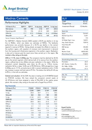 Please refer to important disclosures at the end of this report 1
Y/E March (` cr) 2QFY11 1QFY11 % chg (qoq) 2QFY10 % chg (yoy)
Net revenue 650 700 (7.2) 817 (20.4)
Operating profit 115 196 (41.3) 340 (66.2)
OPM (%) 17.7 27.9 (1,026bp) 41.6 (2,390bp)
Net profit 31 73 (57.1) 169 (81.6)
Source: Company, Angel Research
For 2QFY2011, Madras Cements (MAC) posted a 20.4% yoy decline in its top
line to `650cr, which was below our estimates of `692cr. The lacklustre
performance was primarily because of a 22.7% yoy decline in the cement
segment’s revenue to `576cr. Going ahead, we expect the offtake to improve in
the southern region, with cessation of monsoon and improvement in demand
from the housing and infrastructure segments in the southern region. Realisation
is also set to improve post the recent price hikes carried out in the region. We
maintain a Buy rating on the stock.
OPM at 17.7%, down 2,390bp yoy: The company’s top-line declined by 20.4%
yoy as the cement segment, which derives bulk of its revenue from the southern
region, suffered due to low offtake and poor realisation in the region. While the
company’s cement despatches were down by 6% yoy to 1.95mn tonnes,
realisation fell by a steep 16.8% yoy to `2,952/tonne. OPM plunged by a huge
2,390bp yoy to 17.7%, primarily due to fall in cement realisations and a 12.4%
yoy increase in power and fuel costs to `172cr. The bottom line fell by 81.6% yoy
to `31cr, in line with our estimates.
Outlook and valuation: At the CMP, the stock is trading at 6.7x EV/EBITDA based
on FY2012E numbers. We have valued the company’s cement assets at
US $75/tonne and have assigned a value of `4cr/MW to the captive power
plants. We maintain a Buy rating on the stock with a Target Price of `141.
Key financials
Y/E March (` cr) FY2009 FY2010 FY2011E FY2012E
Net sales 2,530 2,801 2,769 3,060
% chg 25.8 10.7 (1.1) 10.5
Net profit 364 354 180 202
% chg (11.0) (2.7) (49.0) 12.2
FDEPS (`) 15.3 14.9 7.6 8.5
OPM (%) 30.8 30.6 21.0 21.7
P/E (x) 7.4 7.6 14.9 13.3
P/BV (x) 2.1 1.7 1.6 1.4
RoE (%) 32.9 25.1 11.1 11.4
RoCE (%) 17.9 14.8 7.9 8.9
EV/Sales (x) 2.0 1.8 1.7 1.5
EV/tonne 110 102 85 79
EV/EBITDA 6.4 5.9 8.3 6.7
Source: Company, Angel Research
BUY
CMP `113
Target Price `141
Investment Period 12 Months
Stock Info
Sector
Bloomberg Code
Shareholding Pattern (%)
Promoters 42.0
MF / Banks / Indian Fls 28.3
FII / NRIs / OCBs 8.2
Indian Public / Others 21.5
Abs. (%) 3m 1yr 3yr
Sensex 12.0 20.8 29.3
MAC 9.7 1.0 (34.1)
1
20,303
6,106
MSCM.BO
MC@IN
Face Value (`)
BSE Sensex
Nifty
Reuters Code
2,691
0.6
140/91
125910
Cement
Avg. Daily Volume
Market Cap (` cr)
Beta
52 Week High / Low
Rupesh Sankhe
022-40403800 Ext 319
rupeshd.sankhe@angelbroking.com
V Srinivasan
022-40403800 Ext 330
v.srinivasan@angelbroking.com
Madras Cements
Performance Highlights
2QFY2011 Result Update | Cement
October 25, 2010
 