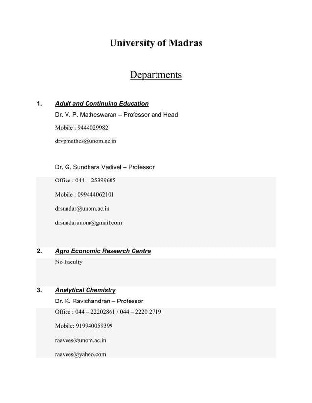 Madras University - Departments.doc | Undergraduate Education | College ...