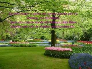 La otra mujer a quien mi esposa quería que yo visitara, era mi madre, pero las exigencias de mi trabajo y mis hijos hacían que sólo la visitara ocasionalmente. 