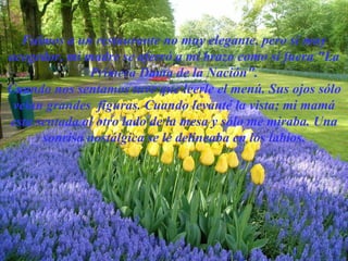 Fuimos a un restaurante, yo le leí el menú; mi mamá esta sentada al otro lado de la mesa y sólo me miraba. Una sonrisa nostálgica se le delineaba en los labios. 