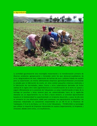 La Agroindustria
La actividad agroindustrial esta restringida mayormente a la transformación primaria de
diversos productos agropecuarios y forestales entre los que destacan:Laspiladoras de
arroz, desgranadoras de maíz, elaboración de harinas de yuca y plátano.Pelado de castaña
para su exportación; así mismo últimamente empresas agroindustralesestan procesando
la castaña para la fabricación de aceite, así ,ismo existen pequeñas empresas dedicadas a
la fabricación de mermeladas, jaleas, licores y otros subproductos derivados de frutas
nativas de la región.Otro rubro agroindustrial es la transformación de la leche en quesos y
yogurt.Ultimamente en la provincia de Tahuamanu se estaa transformando el latex de la
shiringa en ponchos y otros enseres para ser comercializados fuera de la región.No
obstante ser un departamento rico en flora y fauna silvestre, la actividad Agroindustrial
basada en la biodiversidad ha experimentado un incipiente desarrollo, a pesar de ello esta
se convierte en una alternativa viable para promover una agroindustria competitiva. Las
empresas Industriales se concentran mayormente en un 90 % en la Provincia de
Tambopata, 9 % en la de Manu, y el 1% en la de Tahuamanu. TECNOLOGIA La tecnología
que utilizan la mayoría de Empresas Industriales en nuestro Departamento, es incipiente y
artesanal, debido entre otros, a la insuficiencia…
 