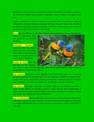 En Madre de Dios son famosas las puestas de sol por que adquiere una belleza inigualable,
las multicolores neblinas que se forman al atardecer y que se reflejan en las aguas de los
ríos.
A estos atardeceres se suma una especie de arco albo, único en el país, que surge del
reflejo de los cercanos nevados de la cadena de Cusco. Este arco rodea como un anillo a
las neblinas lo que hacen que estas adquieran tonalidades impresionantes. Este fenómeno
ha sido bautizado con el nombre de “Rayo Blanco”
Manu: Está conformada por tres áreas: Reserva nacional del Manu, la zona reservada del
Manu y el Bajo Manu. Tiene
una superficie de 1.881,200
hectáreas.
Tambopata - Candamo: Es
reconocida por las diversas
especies de aves y mariposas.
Tiene 5,500 hectáreas de selva
virgen. Se encuentra entre los
ríos La Torre y Tambopata.
Pampas de Heath: Tiene una
extensión de 109 hectáreas.
Fue creada en 1983. Podemos llegar por medio de vía fluvial desde la ciudad de Puerto
Maldonado en un tiempo de 6 a 8 horas.
Lago Sandoval: Este lugar es para algunos el más bello de los lagos de la Amazonía
peruana. Al visitarlo nos encontraremos con una excepcional variedad de animales como:
garzas, loros, monos. Dentro de los bosques encontramos y podemos apreciar las diversas
aves y mariposas. Este lugar está poblado por una pequeña cantidad de familias.
Lago Valencia: Para llegar a este lugar se necesita viajar por río, mediante una lancha a
motor. El lago valencia se encuentra a 60 km y cuatro horas de Puerto Maldonado. Al
visitar este hermoso lugar podemos darnos cuenta de la cantidad de animales y plantas
que existen. Está habitado por cerca de 30 familias.
Lago Tres Chimbadas: Este pequeño lago está formado por el rio Tambopata, debido a que
éste lago es pequeño se puede observar con más facilidad las nutrias gigantes. Este podría
ser el lugar indicado para pasar un buen momento con la familia y amigos, disfrutando la
naturaleza.
 