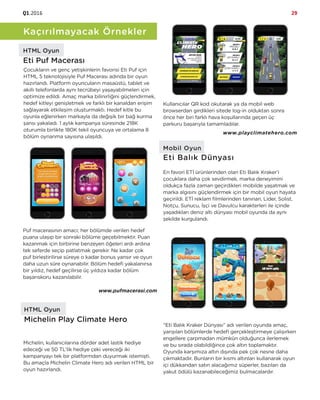 Q1.2016 29
Kaçırılmayacak Örnekler
HTML Oyun
Eti Puf Macerası
Çocukların ve genç yetişkinlerin favorisi Eti Puf için
HTML 5 teknolojisiyle Puf Macerası adında bir oyun
hazırlandı. Platform oyuncuların masaüstü, tablet ve
akıllı telefonlarda aynı tecrübeyi yaşayabilmeleri için
optimize edildi. Amaç marka bilinirliğini güçlendirmek,
hedef kitleyi genişletmek ve farklı bir kanaldan erişim
sağlayarak etkileşim oluşturmaktı. Hedef kitle bu
oyunla eğlenirken markayla da değişik bir bağ kurma
şansı yakaladı. 1 aylık kampanya süresinde 218K
oturumla birlikte 180K tekil oyuncuya ve ortalama 8
bölüm oynanma sayısına ulaşıldı.
Puf macerasının amacı; her bölümde verilen hedef
puana ulaşıp bir sonraki bölüme geçebilmektir. Puan
kazanmak için birbirine benzeyen öğeleri ardı ardına
tek seferde seçip patlatmak gerekir. Ne kadar çok
puf birleştirilirse süreye o kadar bonus yansır ve oyun
daha uzun süre oynanabilir. Bölüm hedefi yakalanırsa
bir yıldız, hedef geçilirse üç yıldıza kadar bölüm
başarıskoru kazanılabilir.
HTML Oyun
Michelin Play Climate Hero
Michelin, kullanıcılarına dörder adet lastik hediye
edeceği ve 50 TL’lik hediye çeki vereceği iki
kampanyayı tek bir platformdan duyurmak istemişti.
Bu amaçla Michelin Climate Hero adı verilen HTML bir
oyun hazırlandı.
Mobil Oyun
Eti Balık Dünyası
En favori ETİ ürünlerinden olan Eti Balık Kraker’i
çocuklara daha çok sevdirmek, marka deneyimini
oldukça fazla zaman geçirdikleri mobilde yaşatmak ve
marka algısını güçlendirmek için bir mobil oyun hayata
geçirildi. ETİ reklam filmlerinden tanınan, Lider, Solist,
Notçu, Sunucu, İşçi ve Davulcu karakterleri ile içinde
yaşadıkları deniz altı dünyası mobil oyunda da aynı
şekilde kurgulandı.
“Eti Balık Kraker Dünyası” adı verilen oyunda amaç,
yarışılan bölümlerde hedefi gerçekleştirmeye çalışırken
engellere çarpmadan mümkün olduğunca ilerlemek
ve bu sırada olabildiğince çok altın toplamaktır.
Oyunda karşımıza altın dışında pek çok nesne daha
çıkmaktadır. Bunların bir kısmı altınları kullanarak oyun
içi dükkandan satın alacağımız süperler, bazıları da
yakut ödülü kazanabileceğimiz bulmacalardır.
Kullanıcılar QR kod okutarak ya da mobil web
browserdan girdikleri sitede log-in olduktan sonra
önce her biri farklı hava koşullarında geçen üç
parkuru başarıyla tamamladılar.
www.pufmacerasi.com
www.playclimatehero.com
 