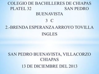 COLEGIO DE BACHILLERES DE CHIAPAS
PLATEL 32
SAN PEDRO
BUENAVISTA
3 C

2.-BRENDA ESPERANZA ARROYO TOVILLA
INGLES

SAN PEDRO BUENAVISTA, VILLACORZO
CHIAPAS
13 DE DICIEMBRE DEL 2013

 