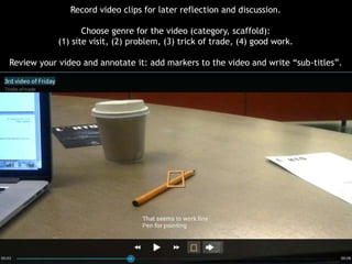 Record video clips for later reflection and discussion.
Choose genre for the video (category, scaffold):
(1) site visit, (2) problem, (3) trick of trade, (4) good work.
Review your video and annotate it: add markers to the video and write “sub-titles”.

 