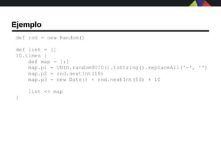 Ejemplo
def rnd = new Random()

def list = []
10.times {
    def map = [:]
    map.p1 = UUID.randomUUID().toString().replaceAll('­', '')
    map.p2 = rnd.nextInt(10)
    map.p3 = new Date() + rnd.nextInt(50) + 10
    
    list << map
}
 
