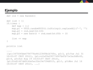 Ejemplo
def rnd = new Random()

def list = []
10.times {
    def map = [:]
    map.p1 = UUID.randomUUID().toString().replaceAll('­', '')
    map.p2 = rnd.nextInt(10)
    map.p3 = new Date() + rnd.nextInt(50) + 10
    
    list << map
}

println list

­­­­
[[p1:3475045bb4794778a441238f8b1b700c, p2:3, p3:Tue Jul 31 
16:03:07 CEST 2012], [p1:cc2af0e290774667bd7b71e3ac8d8c6f, 
p2:4, p3:Sun Aug 19 16:03:07 CEST 2012], 
[p1:91e81467dd9146e5ac32e19e739d8515, p2:1, p3:Mon Jul 16 
16:03:07 CEST 2012], ...]
 