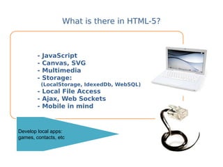 - JavaScript
- Canvas, SVG
- Multimedia
- Storage:
(LocalStorage, IdexedDb, WebSQL)
- Local File Access
- Ajax, Web Sockets
- Mobile in mind
Develop local apps:
games, contacts, etc
What is there in HTML-5?
 