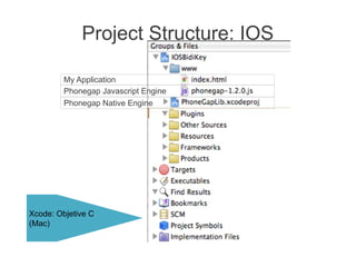 Project Structure: IOS
My Application
Phonegap Native Engine
Phonegap Javascript Engine
Xcode: Objetive C
(Mac)
 