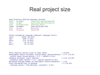 Real project size
SLOC Directory SLOC­by­Language (Sorted)
18067   tw­model        java=17871,xml=128,perl=68
14541   tw­gwt          java=12254,xml=2173,sh=114
3126    tw­playn­core   java=3121,xml=5
12266   tw­admin        java=10274,xml=1992
3731    tw­ios          objc=3731
2708    tw­droid        java=2708
Totals grouped by language (dominant language first):
java:         46228 (84.92%)
xml:           4298 (7.90%)
objc:          3731 (6.85%)
sh:             114 (0.21%)
perl:            68 (0.12%)
Total Physical Source Lines of Code (SLOC)                = 54,439
Development Effort Estimate, Person­Years (Person­Months) = 2.77 (33.24)
 (effort model Person­Months = 0.5 * (KSLOC**1.05))
Schedule Estimate, Years (Months)                         = 0.92 (10.98)
 (schedule model Months = 2.9 * (person­months**0.38))
Estimated Average Number of Developers (Effort/Schedule)  = 3.03
Total Estimated Cost to Develop                           = $ 374,202
 (average salary = $56,286/year, overhead = 2.40).
 
