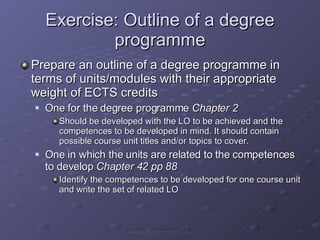 Exercise: Outline of a degree programme Prepare an outline of a degree programme in terms of units/modules with their appropriate weight of ECTS credits One for the degree programme  Chapter 2 Should be developed with the LO to be achieved and the competences to be developed in mind. It should contain possible course unit titles and/or topics to cover.  One in which the units are related to the competences to develop  Chapter 42 pp 88 Identify the competences to be developed for one course unit and write the set of related LO 