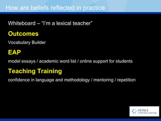 Whiteboard – “I’m a lexical teacher” Outcomes  Vocabulary Builder EAP model essays / academic word list / online support for students Teaching Training confidence in language and methodology / mentoring / repetition How are beliefs reflected in practice 