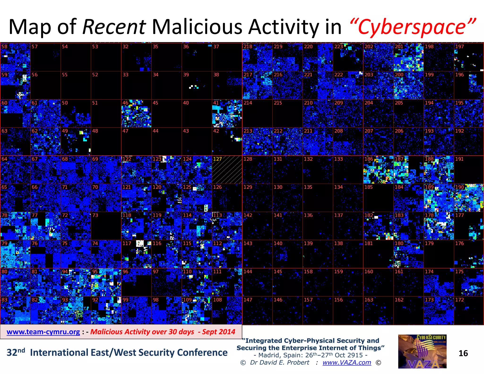 Map ofMap of RecentRecent Malicious Activity inMalicious Activity in “Cyberspace”“Cyberspace”
16
“Integrated Cyber“Integrated Cyber--Physical Security andPhysical Security and
Securing the Enterprise Internet of Things”Securing the Enterprise Internet of Things”
- Madrid, Spain: 26th–27th Oct 2915 -
© Dr David E. Probert : www.VAZA.com ©
32nd International East/West Security Conference
www.team-cymru.org : - Malicious Activity over 30 daysMalicious Activity over 30 days -- Sept 2014Sept 2014
 