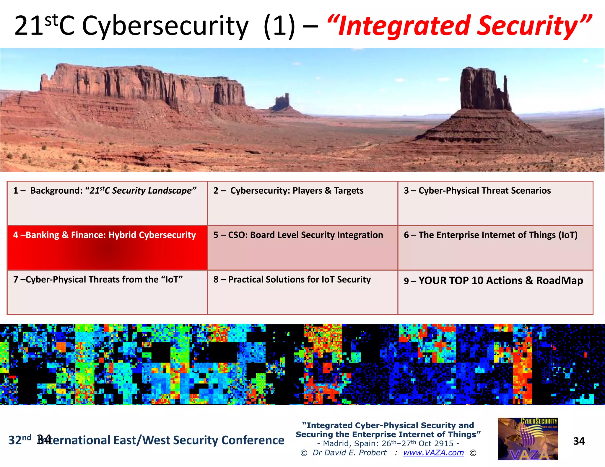 1 – Background: “21stC Security Landscape” 2 – Cybersecurity: Players & Targets 3 – Cyber-Physical Threat Scenarios
44 ––Banking & Finance: Hybrid CybersecurityBanking & Finance: Hybrid Cybersecurity 5 – CSO: Board Level Security Integration 6 – The Enterprise Internet of Things (IoT)
2121ststC Cybersecurity (1)C Cybersecurity (1) –– “Integrated Security”“Integrated Security”
34
“Integrated Cyber“Integrated Cyber--Physical Security andPhysical Security and
Securing the Enterprise Internet of Things”Securing the Enterprise Internet of Things”
- Madrid, Spain: 26th–27th Oct 2915 -
© Dr David E. Probert : www.VAZA.com ©
32nd International East/West Security Conference34
44 ––Banking & Finance: Hybrid CybersecurityBanking & Finance: Hybrid Cybersecurity 5 – CSO: Board Level Security Integration 6 – The Enterprise Internet of Things (IoT)
7 –Cyber-Physical Threats from the “IoT” 8 – Practical Solutions for IoT Security 9 – YOUR TOP 10 Actions & RoadMap
 