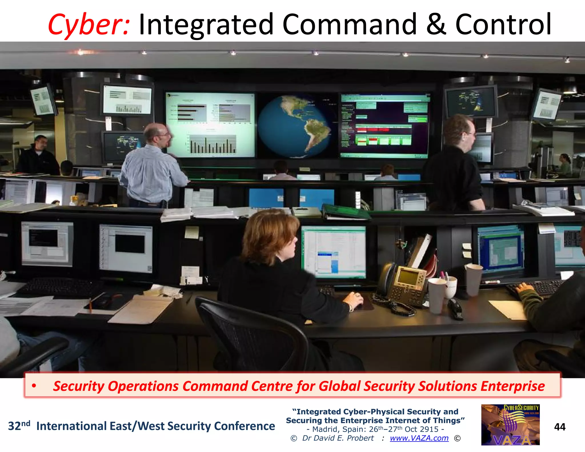 Cyber:Cyber: Integrated Command & ControlIntegrated Command & Control
44
“Integrated Cyber“Integrated Cyber--Physical Security andPhysical Security and
Securing the Enterprise Internet of Things”Securing the Enterprise Internet of Things”
- Madrid, Spain: 26th–27th Oct 2915 -
© Dr David E. Probert : www.VAZA.com ©
32nd International East/West Security Conference
•• Security Operations Command Centre for Global Security Solutions EnterpriseSecurity Operations Command Centre for Global Security Solutions Enterprise•• Security Operations Command Centre for Global Security Solutions EnterpriseSecurity Operations Command Centre for Global Security Solutions Enterprise
 