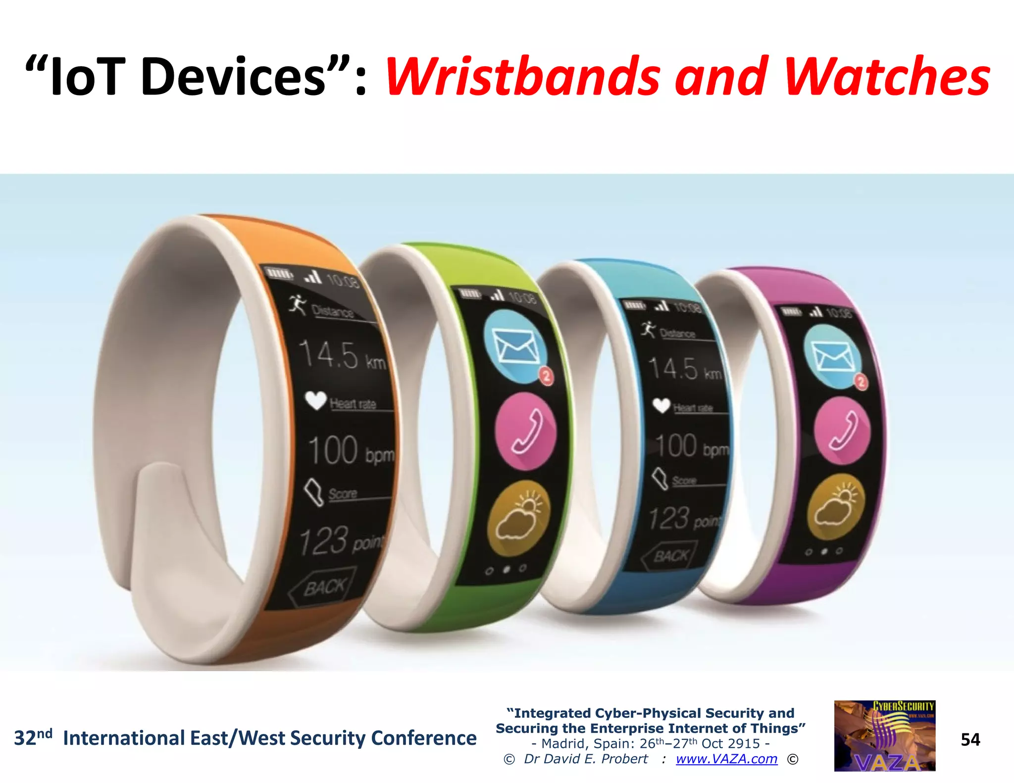 “IoT Devices”:“IoT Devices”: Wristbands and WatchesWristbands and Watches
54
“Integrated Cyber“Integrated Cyber--Physical Security andPhysical Security and
Securing the Enterprise Internet of Things”Securing the Enterprise Internet of Things”
- Madrid, Spain: 26th–27th Oct 2915 -
© Dr David E. Probert : www.VAZA.com ©
32nd International East/West Security Conference
 