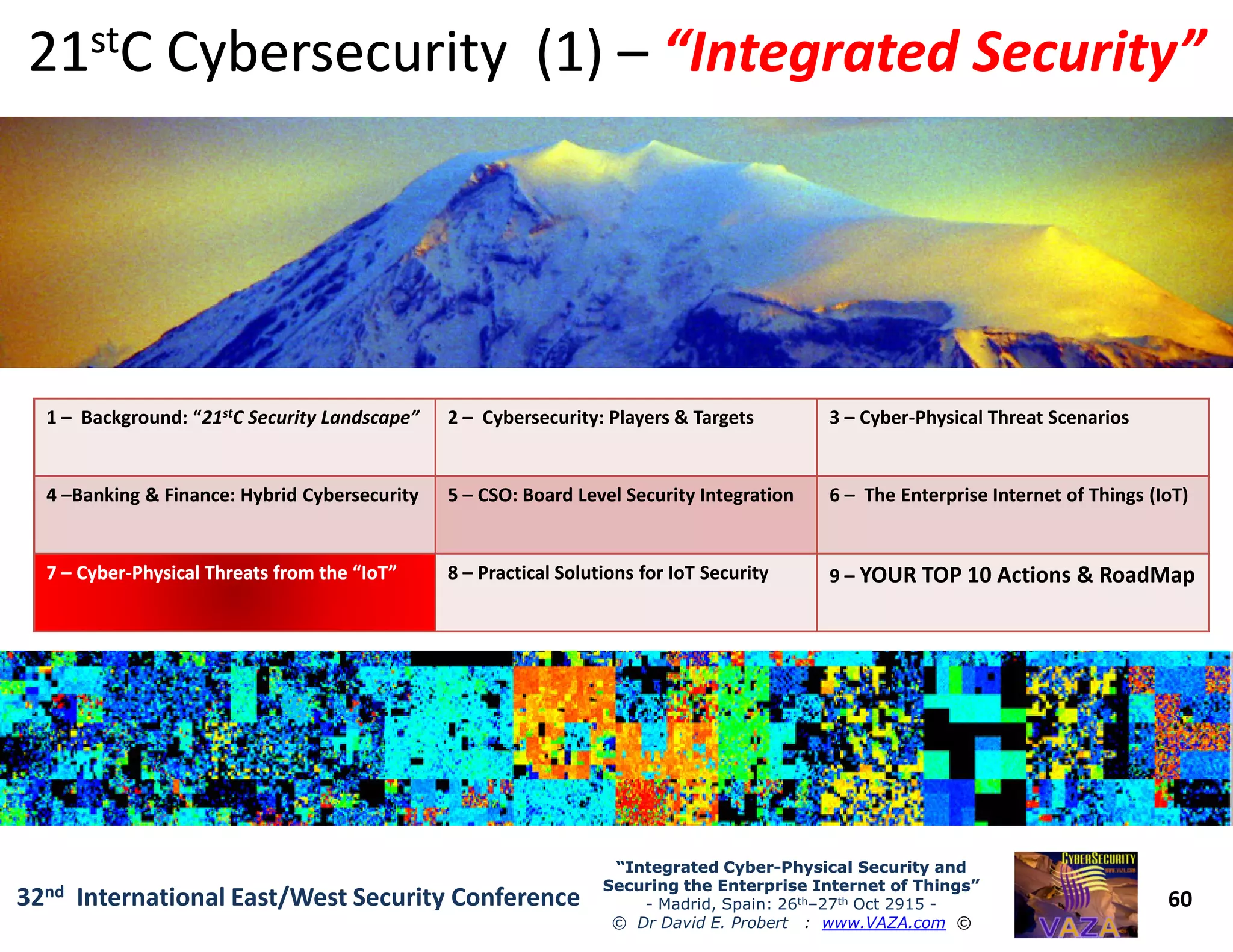 1 – Background: “21stC Security Landscape” 2 – Cybersecurity: Players & Targets 3 – Cyber-Physical Threat Scenarios
2121ststC Cybersecurity (1)C Cybersecurity (1) –– “Integrated Security”“Integrated Security”
60
“Integrated Cyber“Integrated Cyber--Physical Security andPhysical Security and
Securing the Enterprise Internet of Things”Securing the Enterprise Internet of Things”
- Madrid, Spain: 26th–27th Oct 2915 -
© Dr David E. Probert : www.VAZA.com ©
32nd International East/West Security Conference
4 –Banking & Finance: Hybrid Cybersecurity 5 – CSO: Board Level Security Integration 6 – The Enterprise Internet of Things (IoT)
77 –– CyberCyber--Physical Threats from the “IoT”Physical Threats from the “IoT” 8 – Practical Solutions for IoT Security 9 – YOUR TOP 10 Actions & RoadMap
 