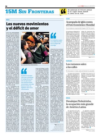 10                                                                                                                                                                  madrid15M | Febrero de 2012 | Nº 0




15M Sin FronteraS                                                                                                                             Me preocupa el futuro porque
                                                                                                                                              es el lugar donde pasaré
                                                                                                                                              el resto de mi vida


                                                                                                                                           SUIZA
 EEUU

                                                                                                                                           Acampada de iglús contra
 Los nuevos movimientos                                                                                                                    el Foro Económico Mundial
 y el déficit de amor                                                                                                                      La protesta se mantendrá hasta el 28 de enero.
                                                                                                                                           El movimiento indignado ha       sábado 28, soportando tem-
 Una de las particularidades                                                                                                               llegado a Davos, el centro tu-   peraturas bajo cero, para re-
 de los nuevos movimientos                                                                                                                 rístico alpino suizo que entre   cordar a la opinión pública
 que han tomado cuerpo en                                                                                                                  el 25 y el 29 de enero acoge     mundial que el «movimiento
 el último año, de la prima-                                                                                                               al Foro Económico Mundial,       de indignados sigue existien-
 vera árabe al 15M español                                                                                                                 uno de los símbolos univer-      do en miles de rincones del
 o a Occupy Wall Street, es la                                                                                                             salmente reconocidos de la       mundo entero».
 emergencia de una volun-                                                                           la verdadera ruptu-                    globalización. A menos de            «El objetivo es hacer ca-
 tad multitudinaria de politi-                                                                      ra es dejar de vivir                   un kilómetro de la zona cer-     da día una acción simbólica»,
 zación de la existencia mar-                                                                                                              cada de máxima seguridad         explica una de las ocupantes.
 cada por el protagonismo                                                                           en el campo del
                                                                                                                                           que rodea el Centro de Con-      Por ejemplo, el miércoles 25,
 anónimo de las personas co-                                                                        enemigo                                gresos donde se reúne el Fo-     día de apertura del principal
 munes. La toma colectiva                                                                                                                  ro, los manifestantes están      evento de la economía mun-
 de plazas y espacios públi-                                                                                                               levantando un campamen-          dial, «lanzamos varios gran-
 cos ha constituido para mi-                                                                        vatización de los movimien-            to para una cincuentena de       des balones al aire con con-
 les de personas su primer                                                                          tos: las personas comunes              ocupantes rotativos, forma-      signas anti-neoliberales». Los
 acercamiento a la acción po-                                                                       terminan por sentirse aje-             do por iglús, yurts y otras      activistas suizos han invitado
 lítica, al mismo tiempo que                                                                        nas y se marchan a su casa.            “edificaciones de circuns-       a personas de todo el mundo
 ha explicitado su decidido                                                                             Algunos amigos que                 tancias”, incluyendo servi-      a sumarse al campamento. n
 inconformismo frente a los                                                                         participamos juntos en Oc-             cios comunes como una co-
 patrones tradicionales de la                                                                       cupy Wall Street hemos co-             cina. Se mantendrán hasta el                       Texto: Redacción
 representación política y de                                                                       menzado a pensar estas
 las mediaciones, así como                                                                          cuestiones a partir de la ca-
 su deseo de una organiza-                                                                          tegoría de amor, usando la             RUMANÍA
 ción realmente democráti-                                                                          propuesta conceptual del
 ca de la vida social. A finales                                                                    biólogo Humberto Matura-
 del siglo XIX, Gabriel Tarde
 anticipó la noción de públi-
                                   Foto: Occupied Wall Street Journal                               na: «el amor es la emoción
                                                                                                    que constituye el campo de
                                                                                                                                           Los rumanos salen
 co como vector fundamen-
 tal de las futuras revueltas.                                      ne por qué delegar la políti-
                                                                                                    acciones en que nuestras in-
                                                                                                    teracciones recurrentes con
                                                                                                                                           a las calles
 Los nuevos movimientos                                             ca. El carácter constituyente   otro hacen al otro un legíti-
 han actualizado la virtuali-                                       y la radicalidad democráti-     mo otro en la convivencia».            El detonante: el plan para privatizar la sanidad
 dad de su intuición: los pú-                                       ca de las plazas no se han      Lejos de aceptar al otro co-
 blicos se rebelan a la impo-                                       inyectado a través del dis-     mo diferencia, los activistas              Los planes para privatizar   del FMI. En ese marco se re-
 sición de su condición de                                          curso ni se han extraído de     tendemos a imponerle nues-             la salud han catapultado va-     dujeron un 25% los salarios
 espectadores. El común de         el amor es la emo-               corpus ideológico alguno:       tras prácticas y nuestras se-          riopintas manifestaciones en     estatales y se recortó la asis-
 los movimientos actuales se       ción que constituye              han emanado directamente        mánticas: encarnamos un                las calles de las grandes ciu-   tencia social.
 funda sobre todo en esa cua-                                       de la propia sociabilidad, de   déficit de amor. De nada sir-          dades de Rumania desde me-           Las protestas estallaron
 lidad de la insubordinación:
                                   el campo de accio-                                               ve nuestra preocupación ac-
                                                                    las personas, del estar jun-                                           diados de enero. La principal    ahora en respuesta a un pro-
 dejar de ser meros objetos        nes en que nues-                 tos. Un verdadero ejercicio     tual por construir políticas           demanda es transparencia y       yecto de ley para privatizar
 del enunciado para devenir        tras interacciones               multitudinario de reapro-       del común si no somos ca-              responsabilidad en la toma       el sistema de salud presen-
 los sujetos de la enuncia-                                         piación de nuestras fuerzas     paces de hacer de la propia            de decisiones del gobierno.      tado a comienzos de enero,
 ción. We are the 99%.
                                   recurrentes con otro                                             política el más común de to-
                                                                    productivas.                                                               Esta privatización pro-      y que fue redactado por una
      Si el movimiento glo-        hacen al otro un                     Ha sido precisamen-         dos los bienes: participable           puesta por el gobierno cen-      comisión sin debate públi-
 bal que precedió a la ac-         legítimo otro en la              te ese estar juntos el que      por todos y todas. Ésa es la           troderechista es parte del       co. Cientos y miles de per-
 tual deriva movimentista                                           ha colocado la categoría de     obligación ética que nos im-           programa de austeridad, el       sonas protestaron por las ca-
 estuvo protagonizado fun-
                                   convivencia                                                      pone la proposición We Are
                                                                    amistad en el centro de los                                            más estricto de Europa, im-      lles de Bucarest y de otras
 damentalmente por activis-                                         nuevos movimientos. Jac-        the 99%. Como apunta Ma-               puesto en 2009 como condi-       ciudades. n
 tas y organizaciones, de ahí      ción social cuyo hacer pro-      ques Rancière lo decía ha-      turana, el amor es constitu-           ción para recibir un crédito
 que recibiera el apelativo de     ductivo cotidiano consiste       ce poco: «la verdadera rup-     tivo de los seres humanos:             de 20.000 millones de euros             Texto: Claudia Ciobanu (IPS)
 “movimiento de movimien-          básicamente en la comuni-        tura es dejar de vivir en el    para aprenderlo nos bastará
 tos”, la nueva insurgencia        cación, el lenguaje, la pro-     campo del enemigo». Sin         simplemente con ser perso-
 ha encontrado en las per-         ducción subjetividad y de        embargo, los actuales movi-     nas comunes. Atrevámonos               BRASIL
 sonas comunes y en las re-        relaciones o los cuidados:       mientos también están sir-      a cuestionar críticamente
 des informales uno de sus         exactamente el mismo te-         viendo para comprobar has-      nuestros puntos de partida,
 motores fundamentales. Las
 experiencias en Occupy Wall
                                   jido de ocupaciones que ha
                                   compuesto la actividad en
                                                                    ta qué punto los activistas
                                                                    clásicos tenemos una no-
                                                                                                    nuestras identidades y filia-
                                                                                                    ciones, para promover en
                                                                                                                                           Desalojan Pinheirinho,
 Street o en el 15M nos han
 subrayado que las denomi-
                                   las plazas.
                                        Desde este punto de vis-
                                                                    table dificultad para desa-
                                                                    prender la centralidad de
                                                                                                    los movimientos un verda-
                                                                                                    dero y decidido proceso de
                                                                                                                                           la ocupación más grande
 nadas “personas sin atribu-
 tos” son, paradójicamente,
                                   ta, los nuevos movimientos
                                   no sólo han desactivado de-
                                                                    la enemistad: nos sentimos
                                                                    más a gusto en la confron-
                                                                                                    descolonización. Como di-
                                                                                                    ce Bell Hooks, ése es tal vez          de América Latina
 las que han aportado a los        finitivamente la distinción      tación dialéctica que en el     el paso más difícil en el pro-
 movimientos los atributos         habermasiana entre acción        desborde creativo, que di-      ceso de aprender a amar. Al                 Un operativo de la poli-        La gigantesca operación
 más potentes: creatividad         instrumental y acción co-        ría Tomás R. Villasante. Le-    mismo tiempo, es hacia don-            cía brasileña desalojaba el      policial, en la que participa-
 e imaginación. Esas perso-        municativa, sino que, a dife-    jos de dejarnos llevar por la   de nos conduce una verda-              22 de enero a los 7.000 ha-      ron cerca de mil policías mili-
 nas nos han enseñado que          rencia de las pautas tradicio-   fuerza del anonimato has-       dera liberación: de la resis-          bitantes de la comunidad         tares, con perros, caballos, ve-
 la sociabilidad producida en      nales de la izquierda, no nos    ta desaparecer en el común      tencia a la transformación.            de Pinheirinho, en São José      hículos, dos helicópteros y un
 Liberty Plaza o en la Puerta      han impuesto el paso por         de las personas, tendemos a     ¿Por qué conformarnos con              dos Campos (São Paulo, Bra-      carro blindado, tomó por sor-
 del Sol no solo era de por sí     filtros ideológicos o la suje-   reafirmarnos como diferen-      la revuelta de unos pocos si           sil). De las informaciones       presa a los ocupantes. Gen-
 directamente política, sino       ción a parámetros identita-      cia, imponiendo nuestros        en las plazas hemos sido mi-           que tenemos, parece que          te de barrios cercanos acudió
 que la política a la que daba     rios: basta con ser personas     ritmos, nuestras abstraccio-    les y nos hemos nombrado               más de 7 personas murie-         para apoyar la resistencia de
 lugar no nos requería de es-      para ser parte de ellos. Oc-     nes ideológicas y nuestros      como revolución? n                     ron, incluido un niño de 3       Pinheirinho, pero finalmente
 pecialización alguna ni nos       cupy Wall Street y el 15M nos    corsés identitarios: cuando                                            años. Bastantes personas de      fueron expulsados de la zona.
 exigía de capacidades dife-       han desvelado de la política     el estar juntos se torna ac-               Texto: Ángel Luis Lara      todas edades fueron agredi-          Pinheirinho fue más que
 rentes a las que ponemos en       lo que ya habíamos descu-        tivismo suele desconectar-                  Enseña sociología en la    das por la policía. Nos re-      una ocupación. Hoy es un
 juego en el día a día de nues-    bierto en relación al traba-     se de la vida cotidiana y se             New School de Nueva York
                                                                                                                                           portan también que muje-         ejemplo a seguir. n
 tra vida. Occupy Wall Street y    jo: que resulta cada vez más     aleja de los problemas con-            y es guionista de televisión.
                                                                                                         Ha participado del movimiento
                                                                                                                                           res embarazadas perdieron
 el 15M han crecido sobre to-      indistinguible de la vida. Si    cretos que nos llevaron a las                                          a sus hijos después de ser                  Fuente: Espoir Chiapas/
                                                                                                    Occupy Wall Street desde sus inicios
 do en torno a una composi-        uno no delega la vida, no tie-   plazas. Es una suerte de pri-                                          golpeadas.                                         Diario Liberdade
 