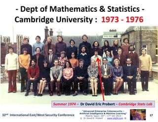 -- Dept of Mathematics & StatisticsDept of Mathematics & Statistics --
Cambridge University :Cambridge University : 19731973 -- 19761976
17
“Advanced Enterprise Cybersecurity“Advanced Enterprise Cybersecurity ––
Artificial Intelligence & Machine Learning”Artificial Intelligence & Machine Learning”
- Madrid, Spain: 26th – 27th Oct 2915 -
© Dr David E. Probert : www.VAZA.com ©
32nd International East/West Security Conference
Summer 1974Summer 1974 –– Dr David Eric ProbertDr David Eric Probert –– Cambridge Stats LabCambridge Stats Lab
 