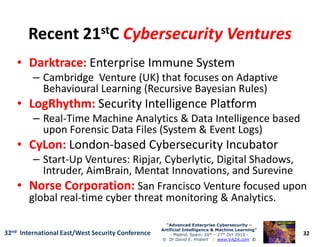 Recent 21Recent 21ststCC Cybersecurity VenturesCybersecurity Ventures
•• Darktrace:Darktrace: Enterprise Immune System
– Cambridge Venture (UK) that focuses on Adaptive
Behavioural Learning (Recursive Bayesian Rules)
•• LogRhythmLogRhythm:: Security Intelligence Platform
– Real-Time Machine Analytics & Data Intelligence based
upon Forensic Data Files (System & Event Logs)
32
“Advanced Enterprise Cybersecurity“Advanced Enterprise Cybersecurity ––
Artificial Intelligence & Machine Learning”Artificial Intelligence & Machine Learning”
- Madrid, Spain: 26th – 27th Oct 2915 -
© Dr David E. Probert : www.VAZA.com ©
32nd International East/West Security Conference
– Real-Time Machine Analytics & Data Intelligence based
upon Forensic Data Files (System & Event Logs)
•• CyLonCyLon:: London-based Cybersecurity Incubator
– Start-Up Ventures: Ripjar, Cyberlytic, Digital Shadows,
Intruder, AimBrain, Mentat Innovations, and Surevine
•• Norse Corporation:Norse Corporation: San Francisco Venture focused upon
global real-time cyber threat monitoring & Analytics.
 