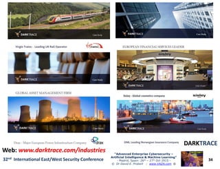 34
“Advanced Enterprise Cybersecurity“Advanced Enterprise Cybersecurity ––
Artificial Intelligence & Machine Learning”Artificial Intelligence & Machine Learning”
- Madrid, Spain: 26th – 27th Oct 2915 -
© Dr David E. Probert : www.VAZA.com ©
32nd International East/West Security Conference
Web:Web: www.darktrace.com/industrieswww.darktrace.com/industries
DARKDARKTRACETRACE
 