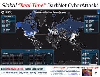 GlobalGlobal “Real“Real--Time”Time” DarkNetDarkNet CyberAttacksCyberAttacks
37
“Advanced Enterprise Cybersecurity“Advanced Enterprise Cybersecurity ––
Artificial Intelligence & Machine Learning”Artificial Intelligence & Machine Learning”
- Madrid, Spain: 26th – 27th Oct 2915 -
© Dr David E. Probert : www.VAZA.com ©
32nd International East/West Security Conference
Link:Link: map.ipviking.commap.ipviking.com -- Norse CorporationNorse Corporation
2020thth June 2014 :June 2014 : GlobalGlobal CyberAttacksCyberAttacks @@ “Speed of Light”“Speed of Light”
 