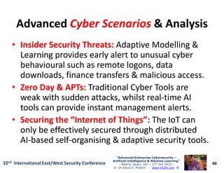 AdvancedAdvanced Cyber ScenariosCyber Scenarios & Analysis& Analysis
•• Insider Security Threats:Insider Security Threats: Adaptive Modelling &
Learning provides early alert to unusual cyber
behavioural such as remote logons, data
downloads, finance transfers & malicious access.
•• Zero Day & APTs:Zero Day & APTs: Traditional Cyber Tools are
40
“Advanced Enterprise Cybersecurity“Advanced Enterprise Cybersecurity ––
Artificial Intelligence & Machine Learning”Artificial Intelligence & Machine Learning”
- Madrid, Spain: 26th – 27th Oct 2915 -
© Dr David E. Probert : www.VAZA.com ©
32nd International East/West Security Conference
•• Zero Day & APTs:Zero Day & APTs: Traditional Cyber Tools are
weak with sudden attacks, whilst real-time AI
tools can provide instant management alerts.
•• Securing the “Internet of Things”:Securing the “Internet of Things”: The IoT can
only be effectively secured through distributed
AI-based self-organising & adaptive security tools.
 