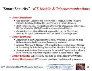 “Smart Security”“Smart Security” -- ICT, Mobile & TelecommunicationsICT, Mobile & Telecommunications
–– Smart Decisions:Smart Decisions:
•• GeoGeo--Location:Location: Local Mobile Information – Maps, Satellite Imagery,
Climate, Geology, History, On-Line Persons on Smart Devices.
•• RealReal--Time:Time: Financial Transactions, ePayments, eGovernment Services,
IM, Social Media, MMORG and Immersive Virtual Worlds
•• Knowledge Lens:Knowledge Lens: Global Data & Information can be filtered and
focused for Local Decisions with ICT enabled “Knowledge Lens”
–– Smart Learning:Smart Learning:
47
“Advanced Enterprise Cybersecurity“Advanced Enterprise Cybersecurity ––
Artificial Intelligence & Machine Learning”Artificial Intelligence & Machine Learning”
- Madrid, Spain: 26th – 27th Oct 2915 -
© Dr David E. Probert : www.VAZA.com ©
32nd International East/West Security Conference
–– Smart Learning:Smart Learning:
•• Adaptation & SelfAdaptation & Self--Organisation:Organisation: Mobile, Wireless & Cellular Ad-Hoc
Networks use adaptive routing & roaming protocols
•• Massive Memory & Storage:Massive Memory & Storage: ICT provides the essential Smart Storage
& Processing Tools including System Virtualisation & Cloud Computing
•• Scalable Architecture:Scalable Architecture: Fundamental for smart ICT systems that already
scale from nano machines to global search & social media “apps”
–– Smart Security:Smart Security: Cybersecurity needs to be embedded EVERYWHERE!
–– Smart Governance:Smart Governance: ICT requires new laws, regulations & governance
 