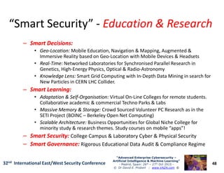 “Smart Security”“Smart Security” -- Education & ResearchEducation & Research
–– Smart Decisions:Smart Decisions:
•• GeoGeo--Location:Location: Mobile Education, Navigation & Mapping, Augmented &
Immersive Reality based on Geo-Location with Mobile Devices & Headsets
•• RealReal--Time:Time: Networked Laboratories for Synchronised Parallel Research in
Genetics, High-Energy Physics, Optical & Radio-Astronomy
•• Knowledge Lens:Knowledge Lens: Smart Grid Computing with In-Depth Data Mining in search for
New Particles in CERN LHC Collider.
–– Smart Learning:Smart Learning:
48
“Advanced Enterprise Cybersecurity“Advanced Enterprise Cybersecurity ––
Artificial Intelligence & Machine Learning”Artificial Intelligence & Machine Learning”
- Madrid, Spain: 26th – 27th Oct 2915 -
© Dr David E. Probert : www.VAZA.com ©
32nd International East/West Security Conference
–– Smart Learning:Smart Learning:
•• Adaptation & SelfAdaptation & Self--Organisation:Organisation: Virtual On-Line Colleges for remote students.
Collaborative academic & commercial Techno Parks & Labs
•• Massive Memory & Storage:Massive Memory & Storage: Crowd Sourced Volunteer PC Research as in the
SETI Project (BOINC – Berkeley Open Net Computing)
•• Scalable Architecture:Scalable Architecture: Business Opportunities for Global Niche College for
minority study & research themes. Study courses on mobile “apps”!
–– Smart Security:Smart Security: College Campus & Laboratory Cyber & Physical Security
–– Smart Governance:Smart Governance: Rigorous Educational Data Audit & Compliance Regime
 