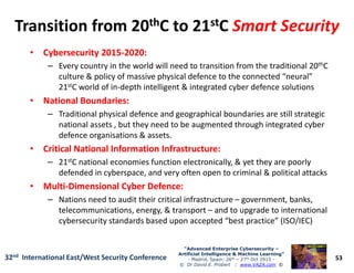 Transition from 20Transition from 20ththC to 21C to 21ststCC Smart SecuritySmart Security
•• Cybersecurity 2015Cybersecurity 2015--2020:2020:
– Every country in the world will need to transition from the traditional 20thC
culture & policy of massive physical defence to the connected “neural”
21stC world of in-depth intelligent & integrated cyber defence solutions
•• National Boundaries:National Boundaries:
– Traditional physical defence and geographical boundaries are still strategic
national assets , but they need to be augmented through integrated cyber
defence organisations & assets.
53
“Advanced Enterprise Cybersecurity“Advanced Enterprise Cybersecurity ––
Artificial Intelligence & Machine Learning”Artificial Intelligence & Machine Learning”
- Madrid, Spain: 26th – 27th Oct 2915 -
© Dr David E. Probert : www.VAZA.com ©
32nd International East/West Security Conference
defence organisations & assets.
•• Critical National Information Infrastructure:Critical National Information Infrastructure:
– 21stC national economies function electronically, & yet they are poorly
defended in cyberspace, and very often open to criminal & political attacks
•• MultiMulti--Dimensional Cyber Defence:Dimensional Cyber Defence:
– Nations need to audit their critical infrastructure – government, banks,
telecommunications, energy, & transport – and to upgrade to international
cybersecurity standards based upon accepted “best practice” (ISO/IEC)
 