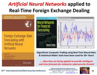 Artificial Neural NetworksArtificial Neural Networks applied toapplied to
RealReal--Time Foreign Exchange DealingTime Foreign Exchange Dealing
65
“Advanced Enterprise Cybersecurity“Advanced Enterprise Cybersecurity ––
Artificial Intelligence & Machine Learning”Artificial Intelligence & Machine Learning”
- Madrid, Spain: 26th – 27th Oct 2915 -
© Dr David E. Probert : www.VAZA.com ©
32nd International East/West Security Conference
Algorithmic Computer Trading using Real-Time Neural Nets
& Statistical Maths Tools have been used for 20+ Years!
.....Now they are being applied to provide intelligent
real-time forecasts for enterprise cybersecurity threats!
 