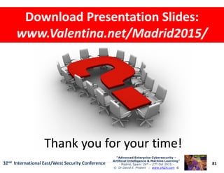 Download Presentation Slides:Download Presentation Slides:
www.Valentina.net/Madrid2015/www.Valentina.net/Madrid2015/
Download Presentation Slides:Download Presentation Slides:
www.Valentina.net/Madrid2015/www.Valentina.net/Madrid2015/
81
“Advanced Enterprise Cybersecurity“Advanced Enterprise Cybersecurity ––
Artificial Intelligence & Machine Learning”Artificial Intelligence & Machine Learning”
- Madrid, Spain: 26th – 27th Oct 2915 -
© Dr David E. Probert : www.VAZA.com ©
32nd International East/West Security Conference
Thank you for your time!Thank you for your time!Thank you for your time!Thank you for your time!
 