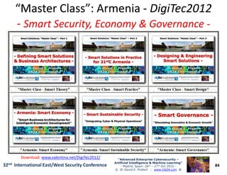 “Master Class”: Armenia“Master Class”: Armenia -- DigiTec2012DigiTec2012
-- Smart Security, Economy & GovernanceSmart Security, Economy & Governance --
84
“Advanced Enterprise Cybersecurity“Advanced Enterprise Cybersecurity ––
Artificial Intelligence & Machine Learning”Artificial Intelligence & Machine Learning”
- Madrid, Spain: 26th – 27th Oct 2915 -
© Dr David E. Probert : www.VAZA.com ©
32nd International East/West Security Conference
Download:Download: www.valentina.net/DigiTec2012/
 