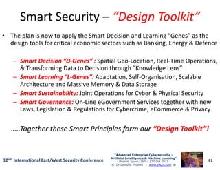 Smart SecuritySmart Security –– “Design Toolkit”“Design Toolkit”
• The plan is now to apply the Smart Decision and Learning “Genes” as the
design tools for critical economic sectors such as Banking, Energy & Defence
–– Smart Decision “DSmart Decision “D--Genes” :Genes” : Spatial Geo-Location, Real-Time Operations,
& Transforming Data to Decision through “Knowledge Lens”
–– Smart Learning “LSmart Learning “L--Genes”:Genes”: Adaptation, Self-Organisation, Scalable
Architecture and Massive Memory & Data Storage
91
“Advanced Enterprise Cybersecurity“Advanced Enterprise Cybersecurity ––
Artificial Intelligence & Machine Learning”Artificial Intelligence & Machine Learning”
- Madrid, Spain: 26th – 27th Oct 2915 -
© Dr David E. Probert : www.VAZA.com ©
32nd International East/West Security Conference
Architecture and Massive Memory & Data Storage
–– Smart Sustainability:Smart Sustainability: Joint Operations for Cyber & Physical Security
–– Smart Governance:Smart Governance: On-Line eGovernment Services together with new
Laws, Legislation & Regulations for Cybercrime, eCommerce & Privacy
…..Together these Smart Principles form our…..Together these Smart Principles form our “Design Toolkit”!“Design Toolkit”!
 