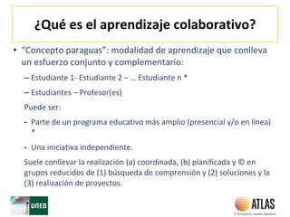 ¿Qué es el aprendizaje colaborativo?
• “Concepto paraguas”: modalidad de aprendizaje que conlleva
un esfuerzo conjunto y complementario:
– Estudiante 1- Estudiante 2 – … Estudiante n *
– Estudiantes – Profesor(es)
Puede ser:
- Parte de un programa educativo más amplio (presencial y/o en línea)
*
- Una iniciativa independiente.
Suele conllevar la realización (a) coordinada, (b) planificada y © en
grupos reducidos de (1) búsqueda de comprensión y (2) soluciones y la
(3) realización de proyectos.
 