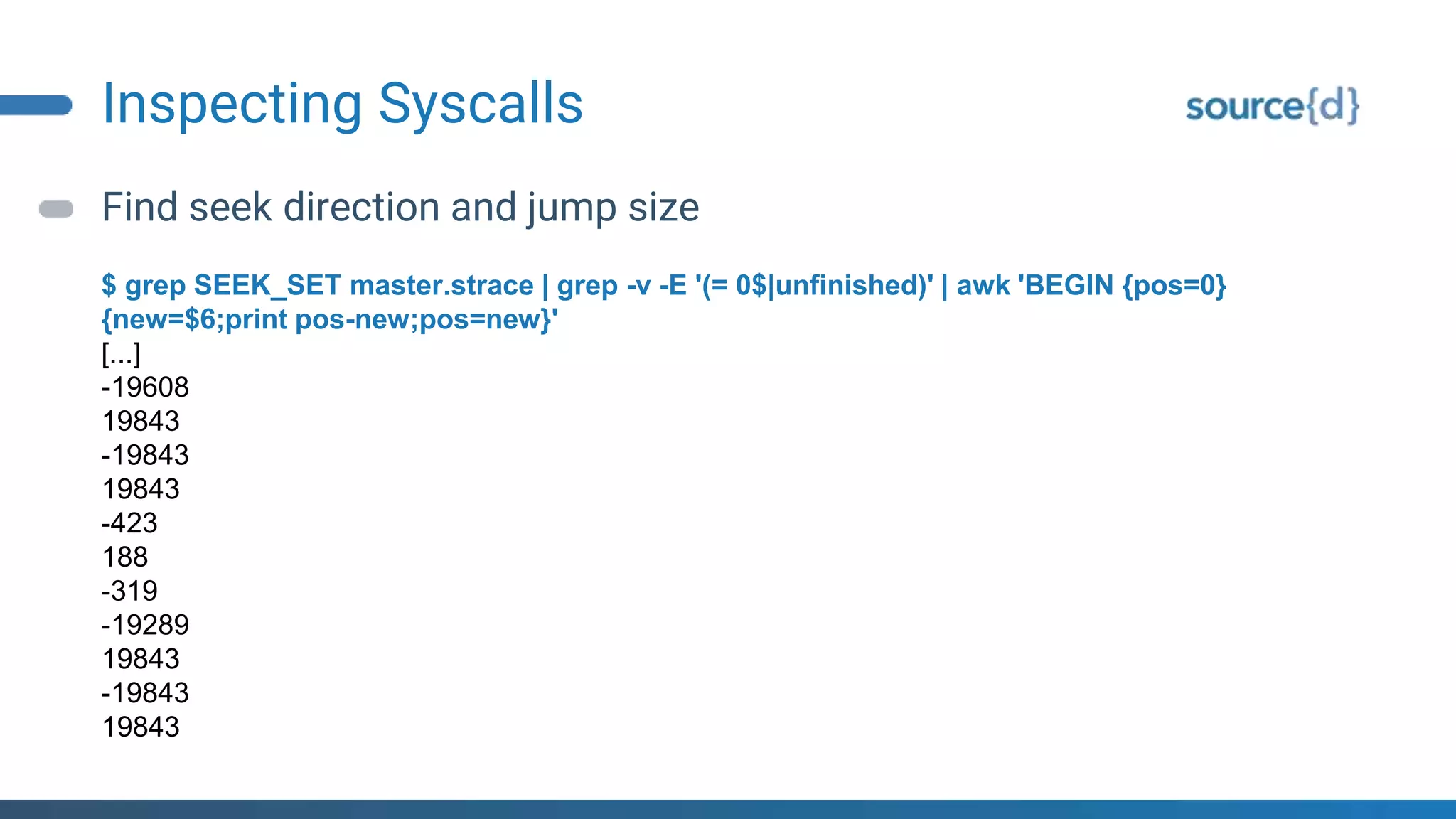 Inspecting Syscalls
Find seek direction and jump size
$ grep SEEK_SET master.strace | grep -v -E '(= 0$|unfinished)' | awk 'BEGIN {pos=0}
{new=$6;print pos-new;pos=new}'
[...]
-19608
19843
-19843
19843
-423
188
-319
-19289
19843
-19843
19843
 