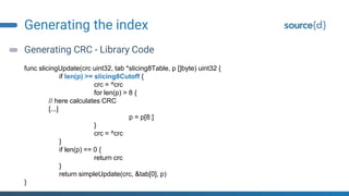 Generating the index
Generating CRC - Library Code
func slicingUpdate(crc uint32, tab *slicing8Table, p []byte) uint32 {
if len(p) >= slicing8Cutoff {
crc = ^crc
for len(p) > 8 {
// here calculates CRC
[...]
p = p[8:]
}
crc = ^crc
}
if len(p) == 0 {
return crc
}
return simpleUpdate(crc, &tab[0], p)
}
 