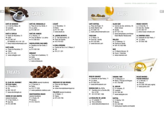 MADRID: FROM AMERICAN TO AMERICAN

56

CAFÉS
Café de Barbieri
h C/ del Ave María, 45
f Lavapiés
b 915 273 658
Café El Espejo
h Paseo de Recoletos, 31
f Colón
b 913 082 347
(El Pabellón): 913 191 122
c www.restauranteelespejo.com
Café Gijón
h Paseo de Recoletos, 21
f Colón
b 915 215 425
c www.cafegijon.com

Café del Monaguillo

h Plaza de la Cruz Verde, 3
f La Latina
b 915 596 537

Café del Nuncio

h C/ Nuncio, 12
f Tirso de Molina / La Latina
b 913 660 853

Chocolatería San Ginés

h Pasadizo de San Ginés, 5
f Sol
b 913 656 546

Embassy
h Paseo de la Castellana, 12
f Colón
b 914 359 480
c www.embassy.es

bars
LeCafé
h C/ Recoletos, 13
f Retiro
b 917 811 586
c www.lecafe.es

Café Central
h Plaza del Ángel, 10
f Antón Martín/ Sol
b 913 694 143
c www.cafecentralmadrid.com

El Jardín Secreto

Cock Bar
h C/ Reina, 16
f Gran Vía / Sevilla
b 915 322 826
c www.barcock.com

h C/ San Bernardino, 22
f Plaza de España
b 915 418 023

La Mallorquina

Horno de San Onofre
(several locations)
h C/ San Onofre, 3
f Gran Vía
b 915 329 060

Glass Bar
h Carrera de San Jerónimo, 34
(Hotel Urban)
f Sevilla
b 917 877 770
c www.derbyhotels.com/UrbanHotel-Madrid-Restaurants
Maluca

h C/ Calatrava, 13
f Puerta de Toledo
b Telf: 913 650 996

h Puerta del Sol, 8 or C/ Mayor, 2
f Sol
b 915 211 201

Museo Chicote

h C/ Gran Vía, 12
f Gran Vía / Sevilla
b 915 326 737
c www.museo-chicote.com

La Taberna Chica

h Costanilla de San Pedro, 7
f La Latina
b 913 645 348

MOE

h C/ Alberto Alcocer, 32
f Cuzco / Colombia
c www.moeclub.com

nightLIfE

Treats
El Club del Gourmet
(El Corte Inglés)
h C/ Preciados, 3
f Sol
b 902 195 227
c www.elcorteingles.es

57

Mallorca (several locations)
C/ Serrano, 6
Retiro
915 771 859
www.pasteleria-mallorca.com

Mercado de San Miguel

h
f
b
c

h Plaza de San Miguel
f Ópera
b www.mercadodesanmiguel.es

Mantequerías Bravo
(several locations)
h C/ Ayala, 24
f Serrano
b 915 758 072

h C/ Bailén, 11
f Ópera
b 915 425 786

Palazzo (several locations)

Berlín Cabaret
h Costanilla de San Pedro, 11
f La Latina
b 913 662 034
c www.berlincabaret.com
Buddha Bar (Ku-DéTa)
h Carretera de La Coruña (A6)
Km. 8,700
b 913 572 907 / 908
La Escalera de Jacob
h C/ Lavapiés 11
f Tirso de Molina
c www.laescaleradejacob.es

Gabana 1800

h C/ Velázquez, 6
f Retiro / Príncipe de Vergara
c 915 760 686

El Juglar
h C/ Lavapiés, 37
f Lavapiés
b 915 284 381
c www.salajuglar.com
Kapital
h C/ Atocha, 125
f Atocha
b 914 202 906
c www.grupo-kapital.com/kapital

Pachá Madrid ·
Teatro Barceló
h C/ Barceló, 11
f Tribunal
b 915 938 769 (only nights)
c www.pacha.com

 