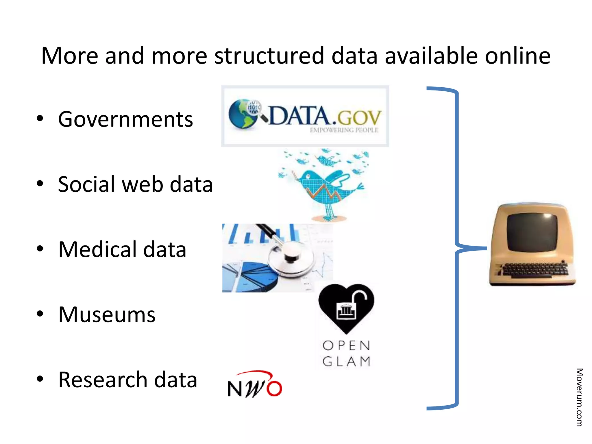 More and more structured data available online
&bull; Governments
&bull; Social web data
&bull; Medical data
&bull; Museums
&bull; Research data
?
Moverum.com
 
