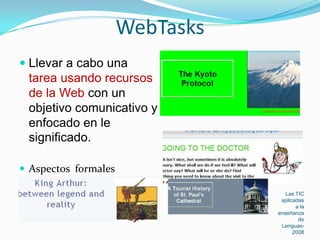 Las TIC aplicadas a la enseñanza de Lenguas-2008WebTasksLlevar a cabo una tarea usando recursos de la Web con un objetivo comunicativo y enfocado en le significado.Aspectos  formales Preguntas tipo TH