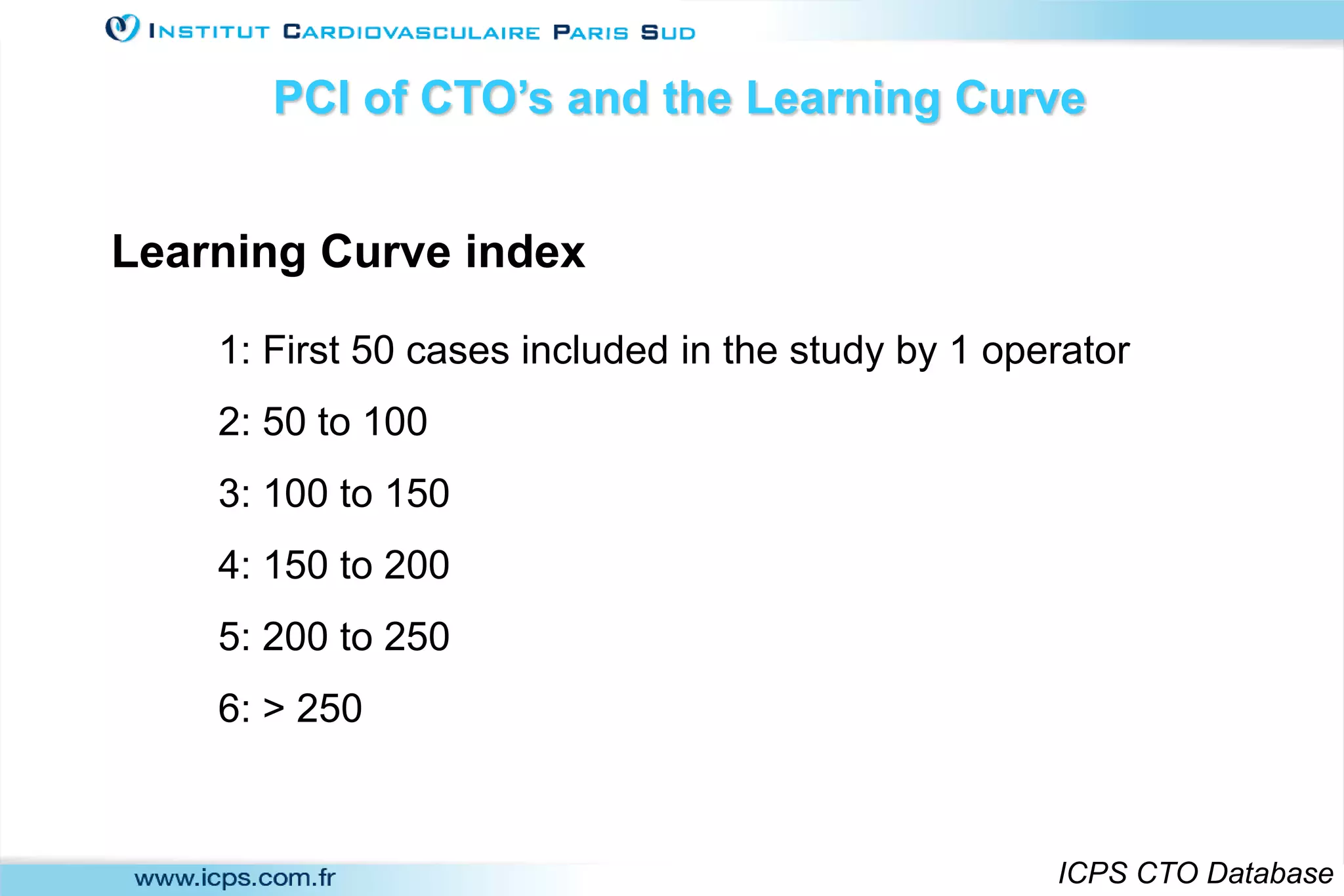 Learning Curve index
PCI of CTO’s and the Learning Curve
1: First 50 cases included in the study by 1 operator
2: 50 to 100
3: 100 to 150
4: 150 to 200
5: 200 to 250
6: > 250
ICPS CTO Database
 