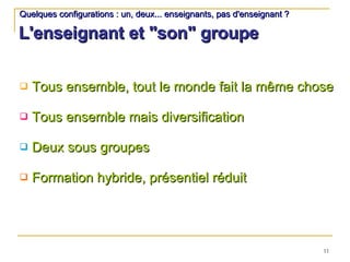 L'enseignant et "son" groupe Quelques configurations : un, deux... enseignants, pas d'enseignant ? Tous ensemble, tout le monde fait la même chose Tous ensemble mais diversification Deux sous groupes Formation hybride, présentiel réduit 