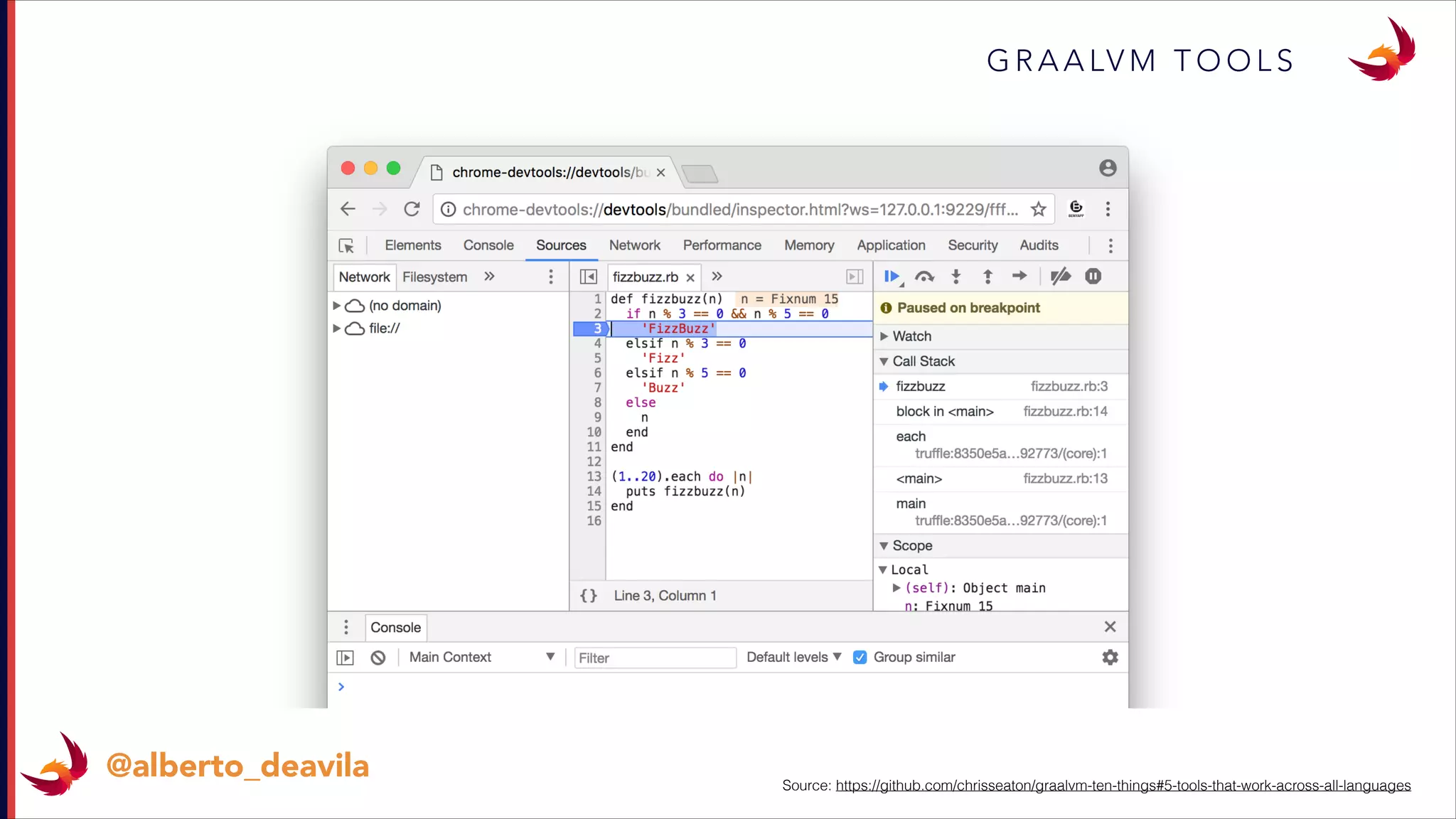 G R A A LV M T O O L S
@alberto_deavila Source: https://github.com/chrisseaton/graalvm-ten-things#5-tools-that-work-across-all-languages
 