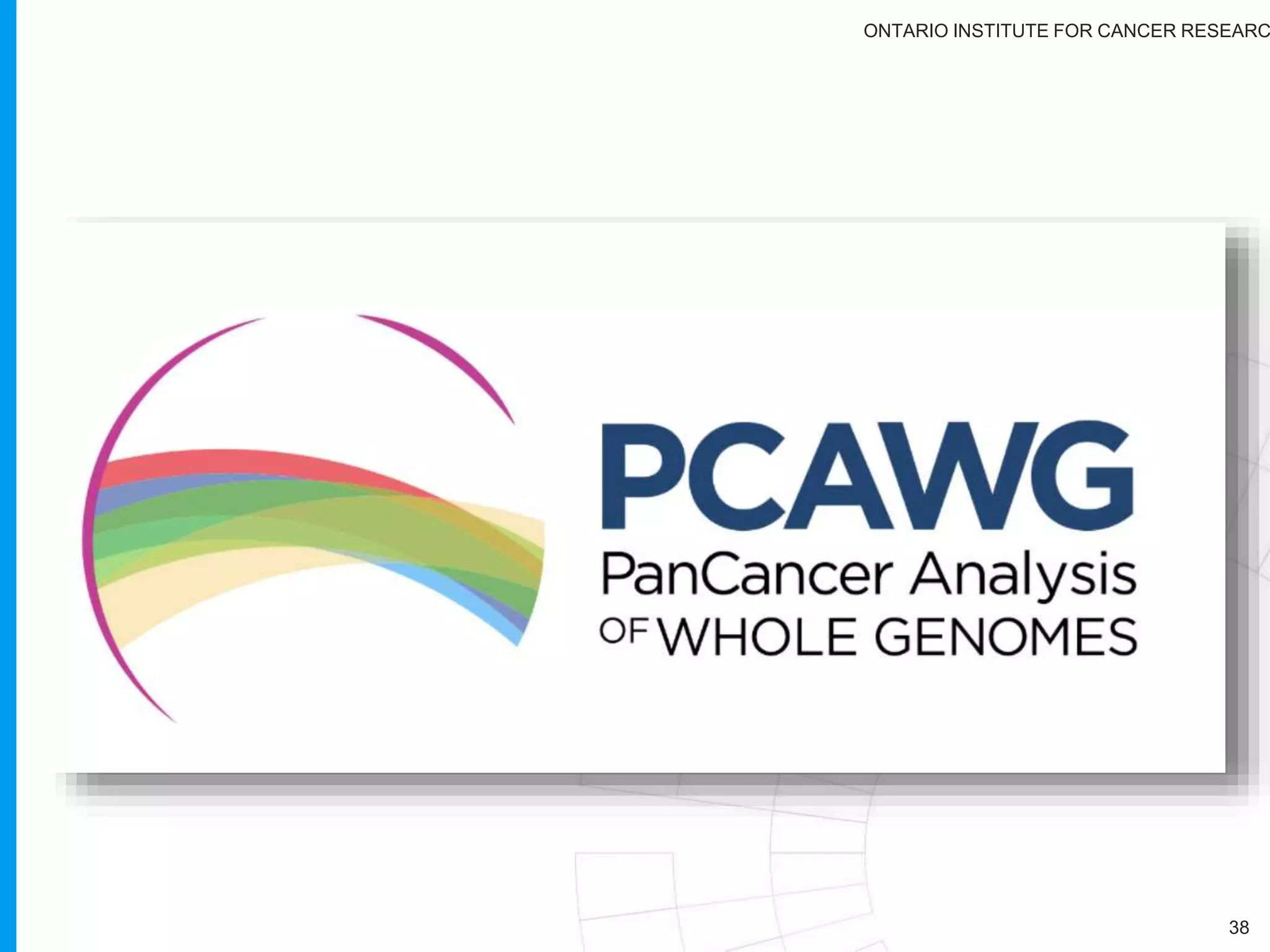 ONTARIO INSTITUTE FOR CANCER RESEARC
• Primary sequence data
(BAM and FASTQ files)
• SNP6 array level 1 and level 2 data
• Exon array level 1 and level 2 data
• Somatic variants from whole
genome sequencing
• Certain information in MAFs
• A full list of controlled-access
data types can be found at:
http://goo.gl/K1h7zu
TCGA Controlled
Access Datasets
• De-identified clinical and
demographic data
• Gene expression data
• Copy number alterations in regions
of the genome
• Epigenetic data
• Summaries of data compiled across
individuals
• Anonymized single amplicon DNA
sequence data
• Somatic variants from scrubbed
exome sequencing
TCGA Open
Access Datasets
http://goo.gl/A1rMRB
 